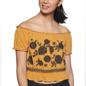 American Eagle Embroidered Off the Should Mustard Top with Brown Floral SZ S